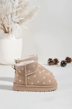 Outlet Boto Śniegowce Dziecięce Ozdobione Kwiatuszkami Beżowe Gracina Beżowy