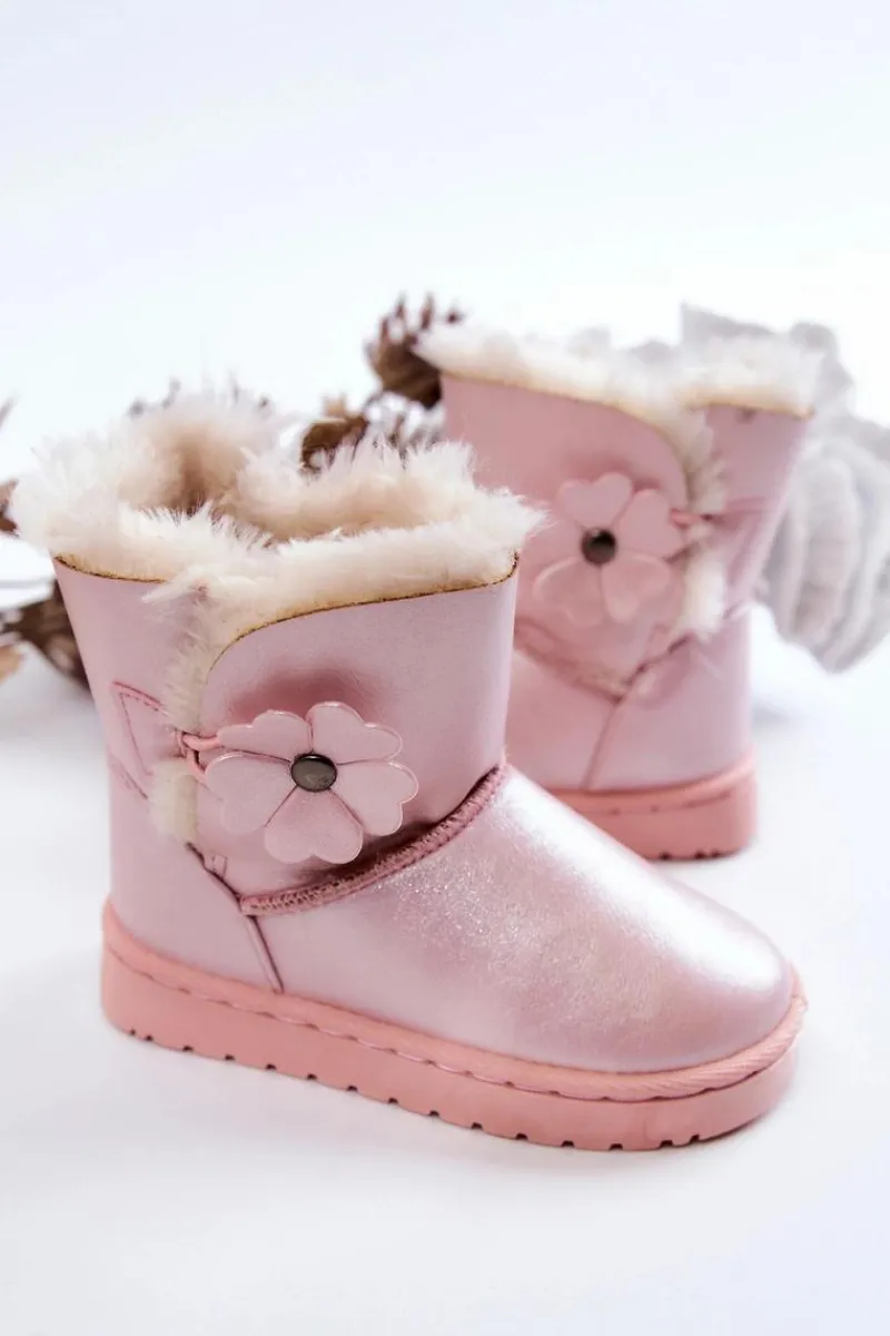 Dziewczęce>Boto Śniegowce Dziecięce Z Kwiatkiem Różowe Bianca