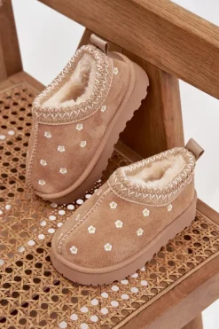 Dziewczęce>Boto Śniegowce Dziecięce Z Kwiatuszkami Ocieplane Futerkiem Beżowe Palina