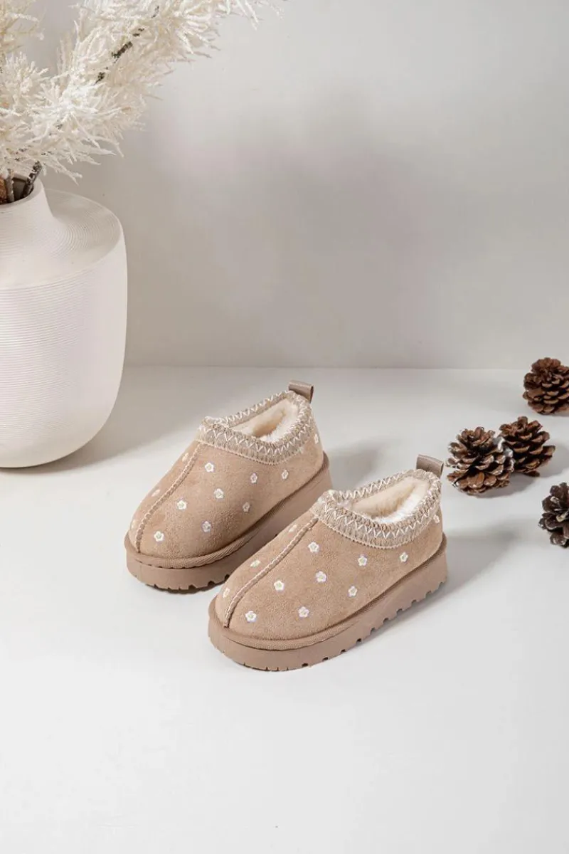 Dziewczęce>Boto Śniegowce Dziecięce Z Kwiatuszkami Ocieplane Futerkiem Beżowe Palina