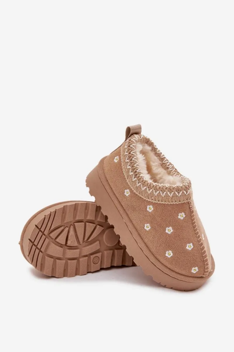 Dziewczęce>Boto Śniegowce Dziecięce Z Kwiatuszkami Ocieplane Futerkiem Beżowe Palina