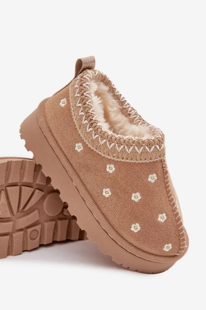 Dziewczęce>Boto Śniegowce Dziecięce Z Kwiatuszkami Ocieplane Futerkiem Beżowe Palina