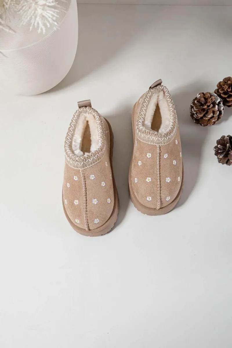 Dziewczęce>Boto Śniegowce Dziecięce Z Kwiatuszkami Ocieplane Futerkiem Beżowe Palina