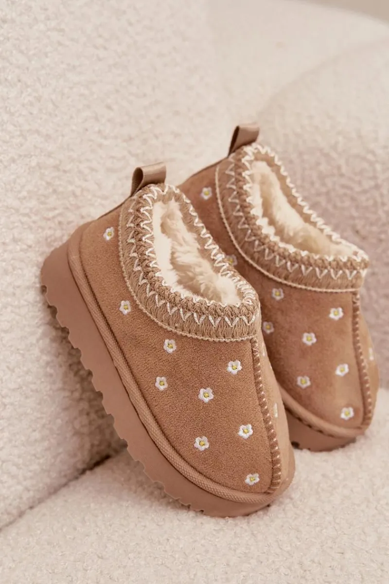 Dziewczęce>Boto Śniegowce Dziecięce Z Kwiatuszkami Ocieplane Futerkiem Beżowe Palina