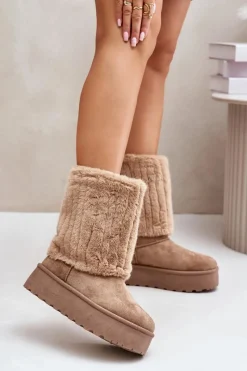 Sale Śniegowce Na Platformie Z Wywiniętą Cholewką Beżowe Lisonea Damskie Śniegowce Damskie