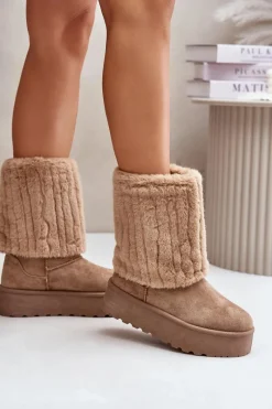 Sale Śniegowce Na Platformie Z Wywiniętą Cholewką Beżowe Lisonea Damskie Śniegowce Damskie