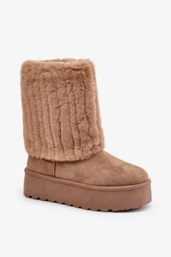 Sale Śniegowce Na Platformie Z Wywiniętą Cholewką Beżowe Lisonea Damskie Śniegowce Damskie