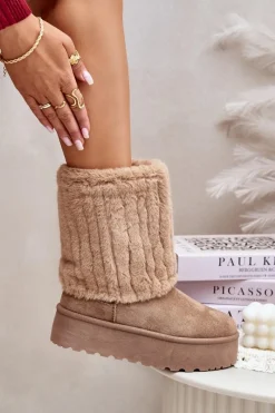 Sale Śniegowce Na Platformie Z Wywiniętą Cholewką Beżowe Lisonea Damskie Śniegowce Damskie