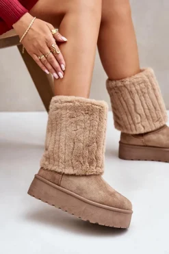 Sale Śniegowce Na Platformie Z Wywiniętą Cholewką Beżowe Lisonea Damskie Śniegowce Damskie