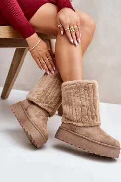 Sale Śniegowce Na Platformie Z Wywiniętą Cholewką Beżowe Lisonea Damskie Śniegowce Damskie