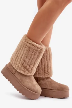 Sale Śniegowce Na Platformie Z Wywiniętą Cholewką Beżowe Lisonea Damskie Śniegowce Damskie