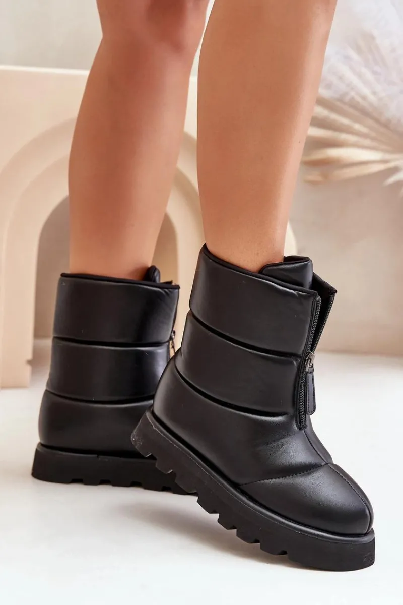 Śniegowce Damskie>Boto Śniegowce Na Platformie Z Zamkiem Eko Skórzane Czarne Resisia