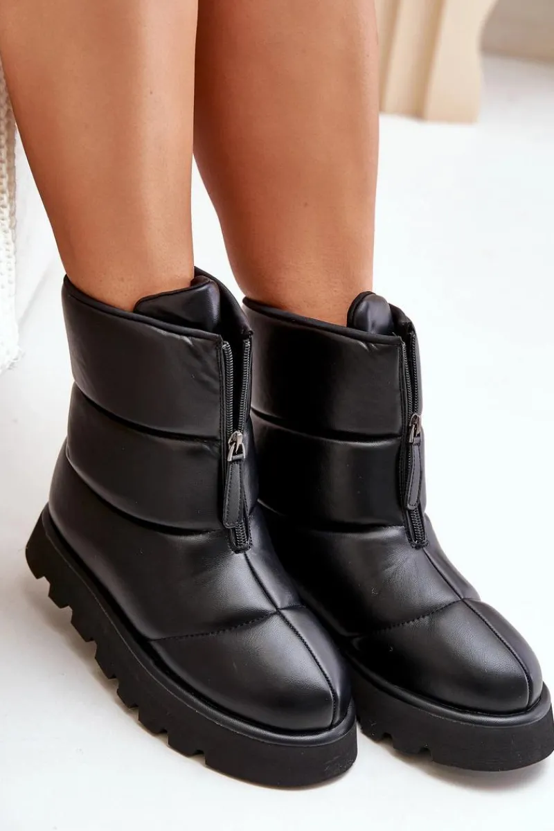 Śniegowce Damskie>Boto Śniegowce Na Platformie Z Zamkiem Eko Skórzane Czarne Resisia