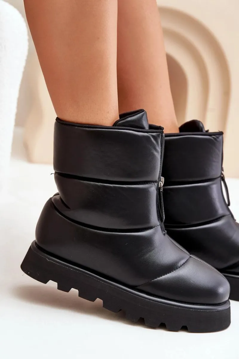 Śniegowce Damskie>Boto Śniegowce Na Platformie Z Zamkiem Eko Skórzane Czarne Resisia