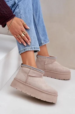 Śniegowce Damskie>Boto Śniegowce Na Platformie Z Ozdobnym Haftem Jasnobeżowe Heslania