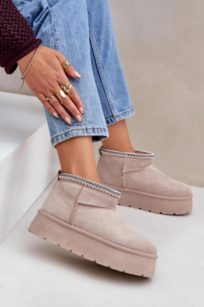 Śniegowce Damskie>Boto Śniegowce Na Platformie Z Ozdobnym Haftem Jasnobeżowe Heslania