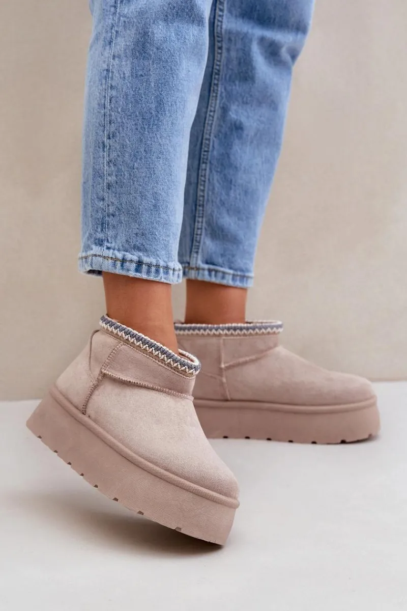 Śniegowce Damskie>Boto Śniegowce Na Platformie Z Ozdobnym Haftem Jasnobeżowe Heslania