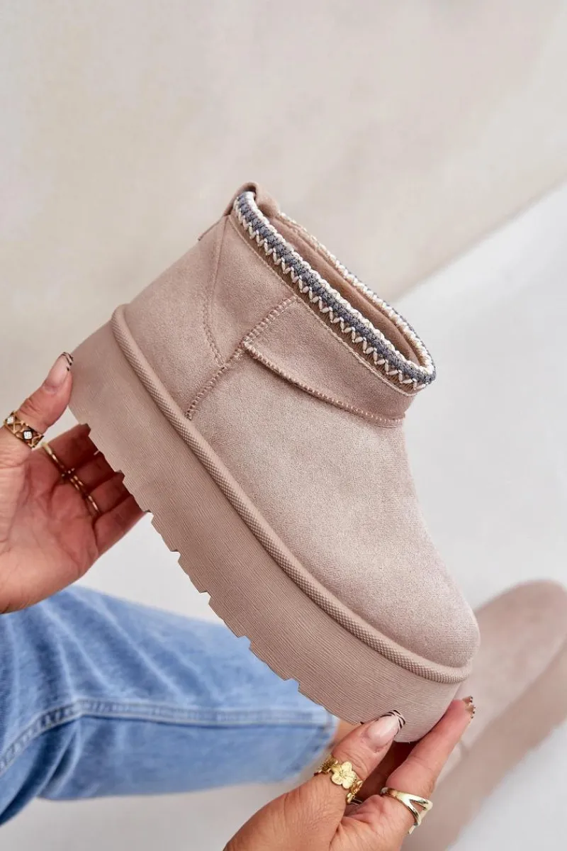 Śniegowce Damskie>Boto Śniegowce Na Platformie Z Ozdobnym Haftem Jasnobeżowe Heslania