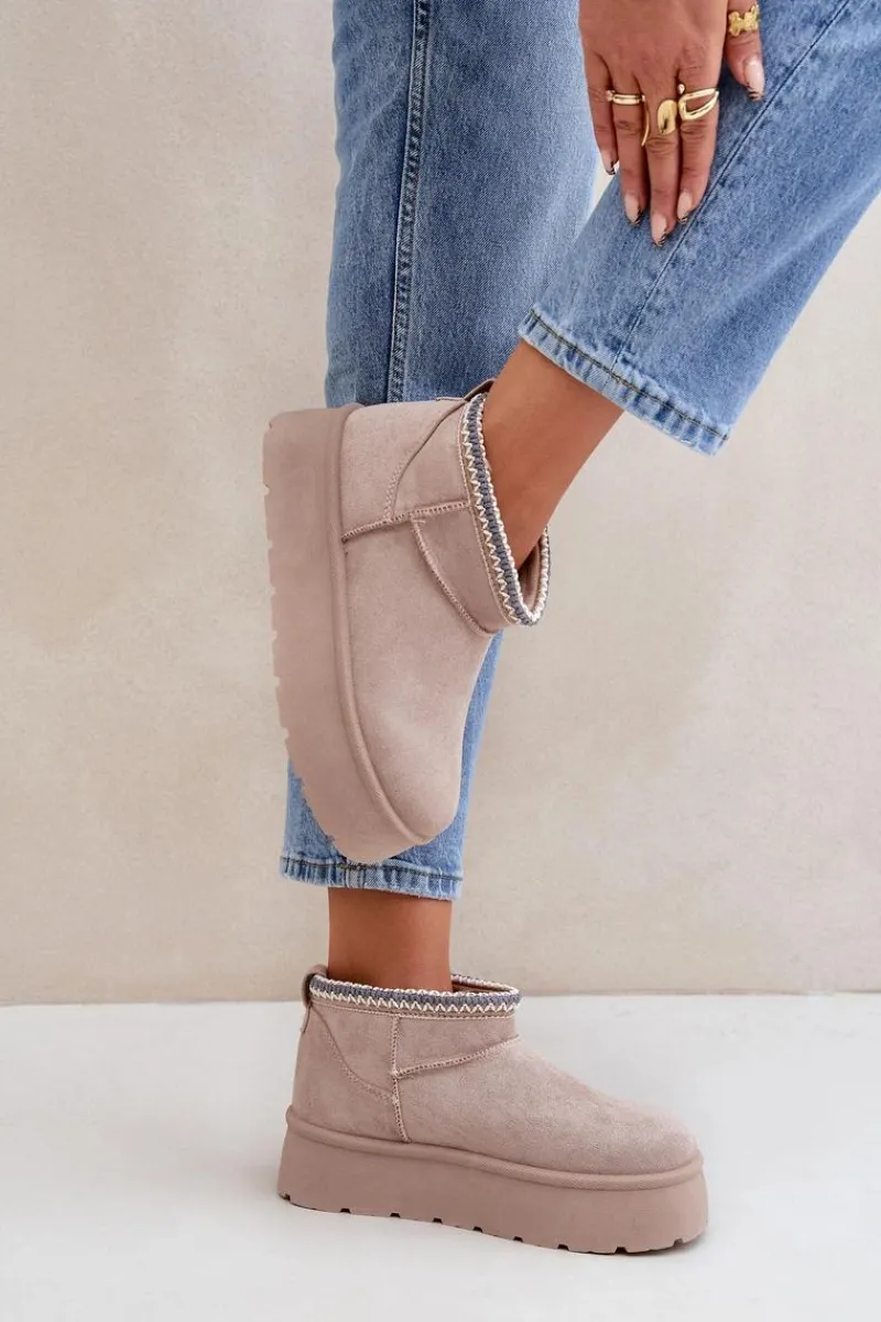 Śniegowce Damskie>Boto Śniegowce Na Platformie Z Ozdobnym Haftem Jasnobeżowe Heslania