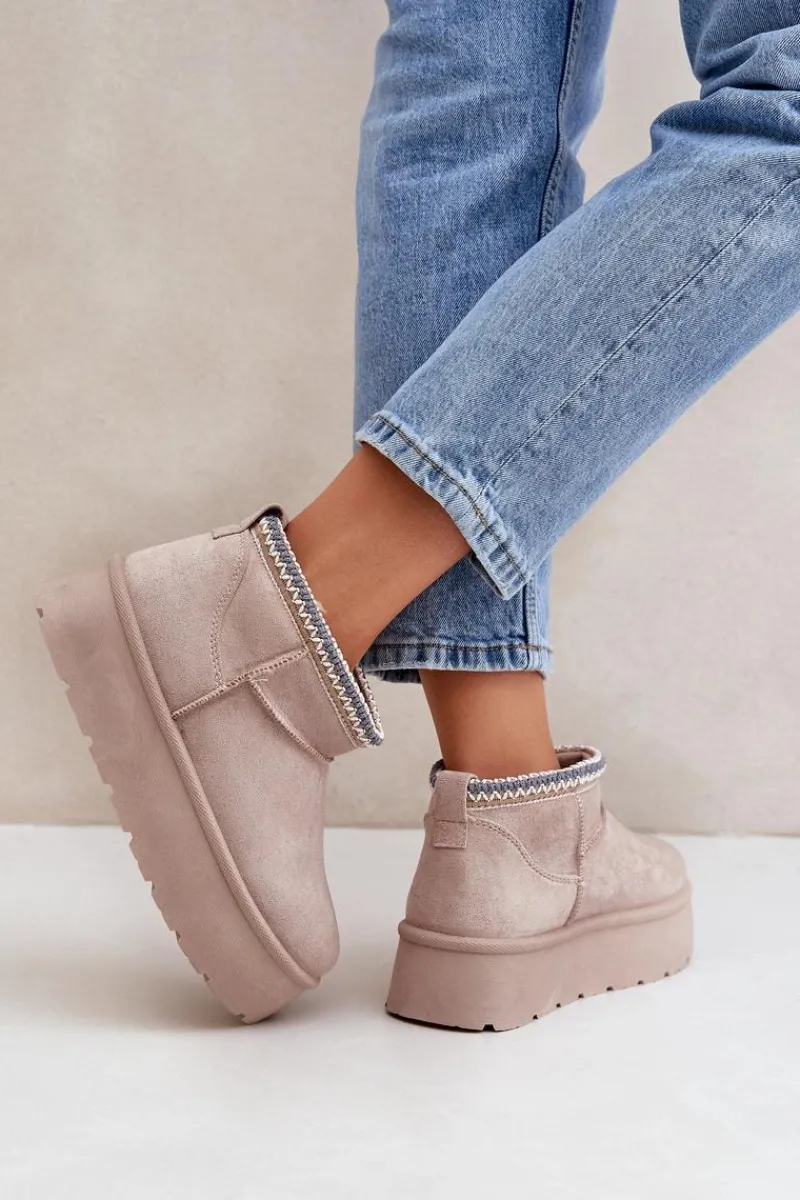 Śniegowce Damskie>Boto Śniegowce Na Platformie Z Ozdobnym Haftem Jasnobeżowe Heslania