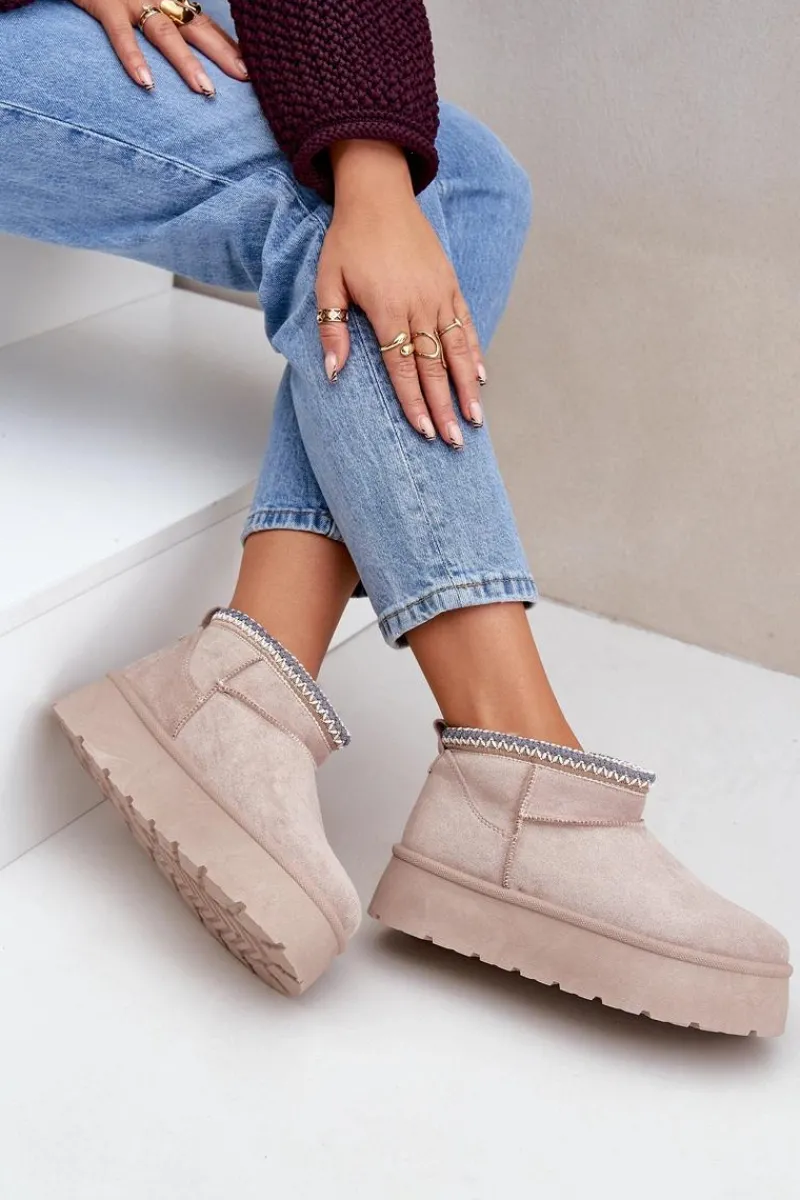 Śniegowce Damskie>Boto Śniegowce Na Platformie Z Ozdobnym Haftem Jasnobeżowe Heslania