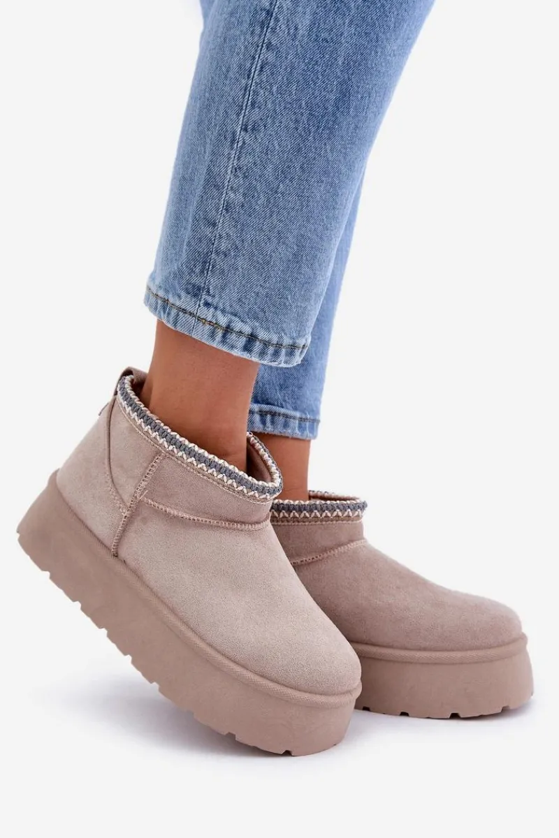 Śniegowce Damskie>Boto Śniegowce Na Platformie Z Ozdobnym Haftem Jasnobeżowe Heslania