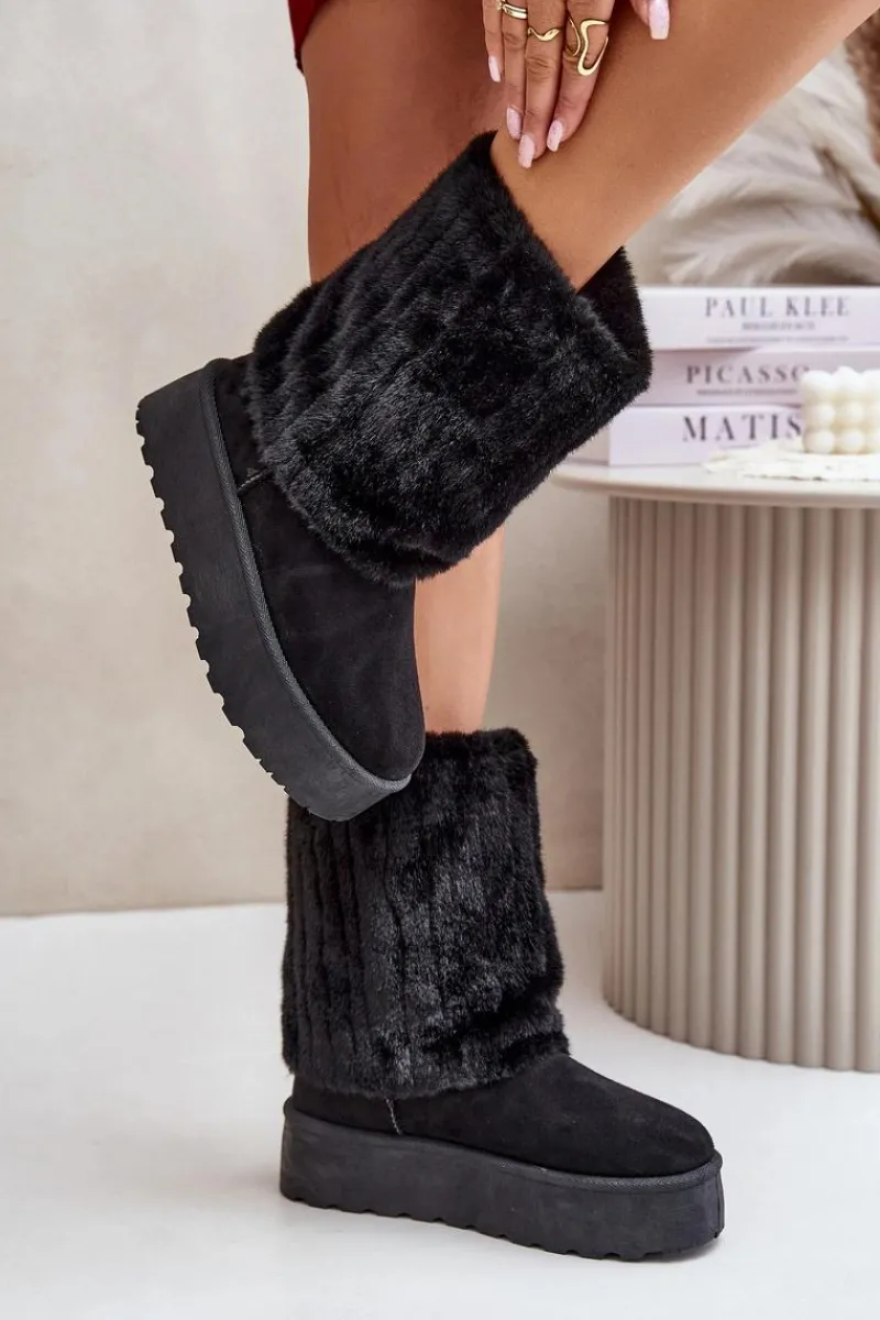 Clearance Evento Śniegowce Na Platformie Z Wywiniętą Cholewką Czarne Lisonea