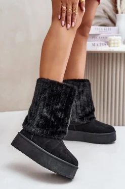 Clearance Evento Śniegowce Na Platformie Z Wywiniętą Cholewką Czarne Lisonea