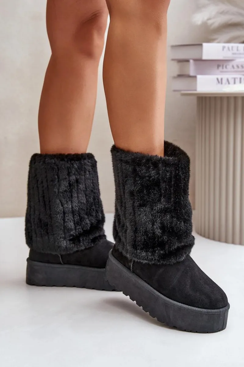 Clearance Evento Śniegowce Na Platformie Z Wywiniętą Cholewką Czarne Lisonea