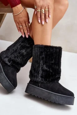 Clearance Evento Śniegowce Na Platformie Z Wywiniętą Cholewką Czarne Lisonea