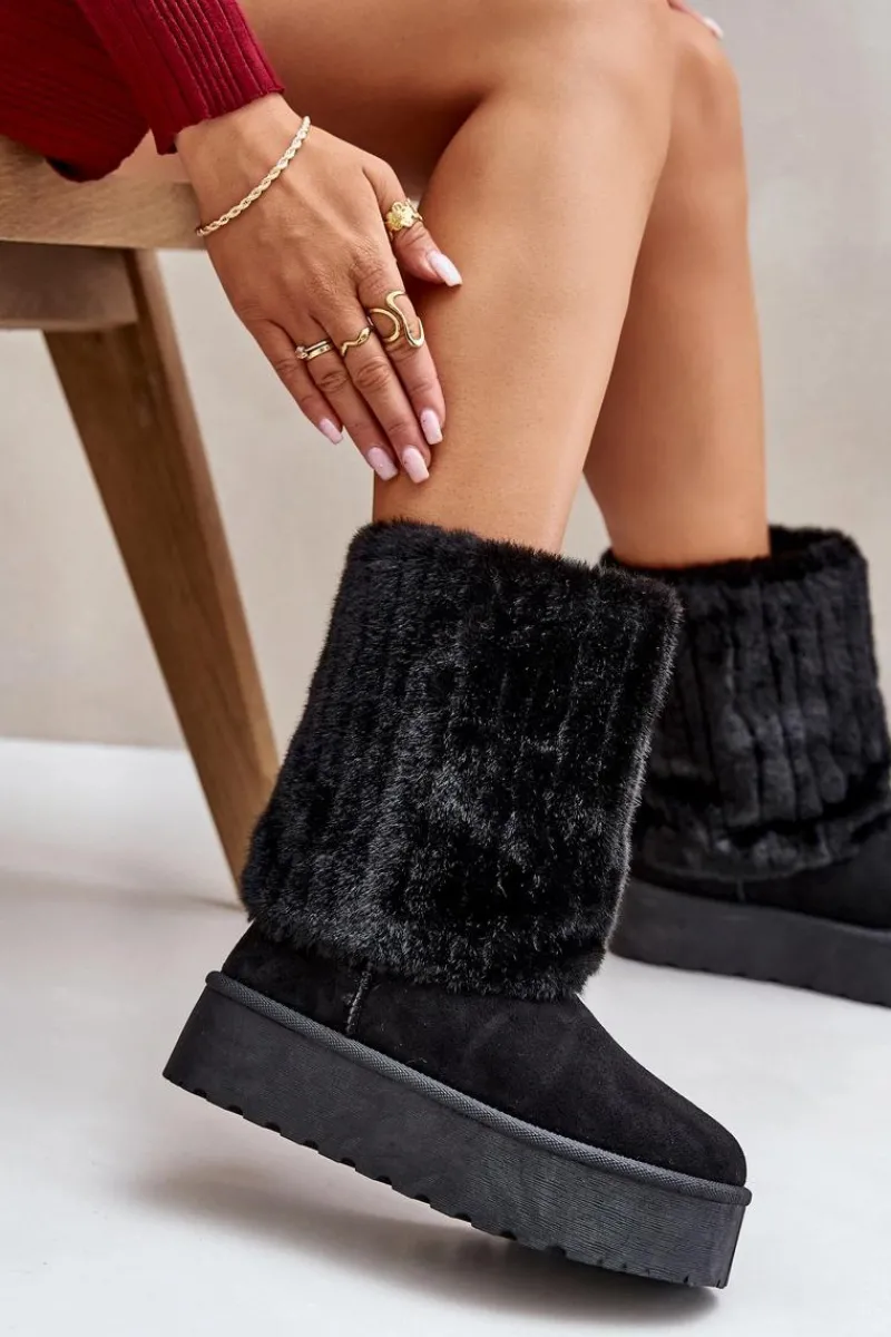 Clearance Evento Śniegowce Na Platformie Z Wywiniętą Cholewką Czarne Lisonea