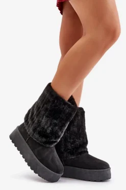 Clearance Evento Śniegowce Na Platformie Z Wywiniętą Cholewką Czarne Lisonea