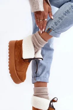 Śniegowce Damskie></noscript>Boto Śniegowce Na Platformie Z Kożuchem Camel Olimuka Brązowy