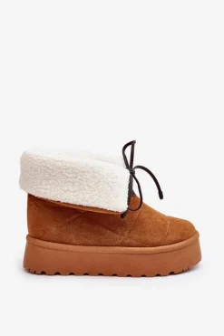 Śniegowce Damskie></noscript>Boto Śniegowce Na Platformie Z Kożuchem Camel Olimuka Brązowy