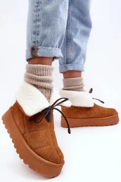 Śniegowce Damskie></noscript>Boto Śniegowce Na Platformie Z Kożuchem Camel Olimuka Brązowy