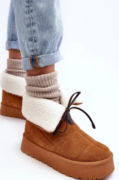 Śniegowce Damskie></noscript>Boto Śniegowce Na Platformie Z Kożuchem Camel Olimuka Brązowy