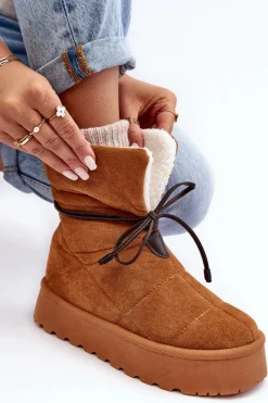 Śniegowce Damskie></noscript>Boto Śniegowce Na Platformie Z Kożuchem Camel Olimuka Brązowy