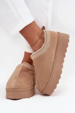 Boto Śniegowce Niskie Damskie Z Haftem Na Platformie Beżowe Taliah Beżowy