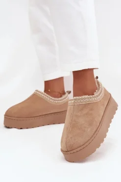 Boto Śniegowce Niskie Damskie Z Haftem Na Platformie Beżowe Taliah Beżowy