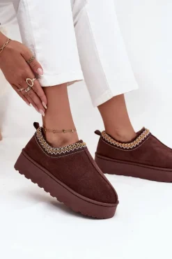 Śniegowce Damskie>Boto Śniegowce Niskie Damskie Z Haftem Na Platformie Czekoladowe Taliah Brązowy