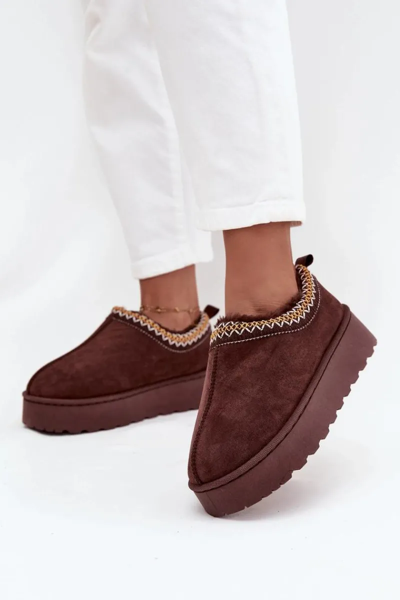 Śniegowce Damskie>Boto Śniegowce Niskie Damskie Z Haftem Na Platformie Czekoladowe Taliah Brązowy