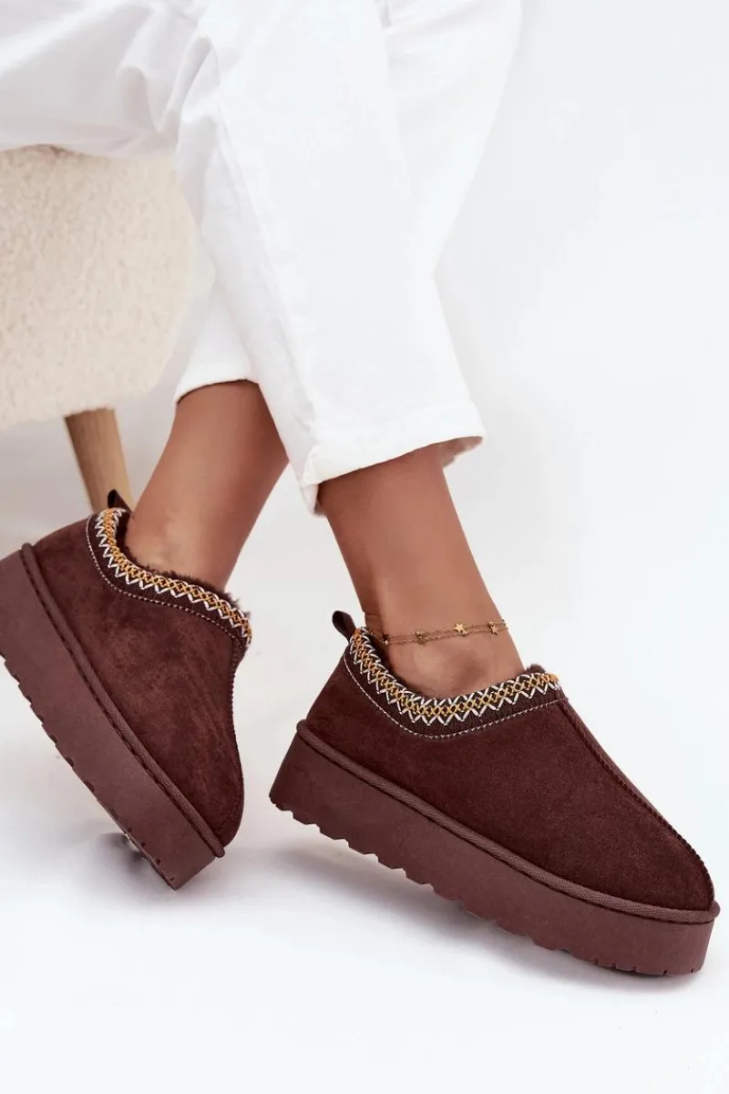 Śniegowce Damskie>Boto Śniegowce Niskie Damskie Z Haftem Na Platformie Czekoladowe Taliah Brązowy