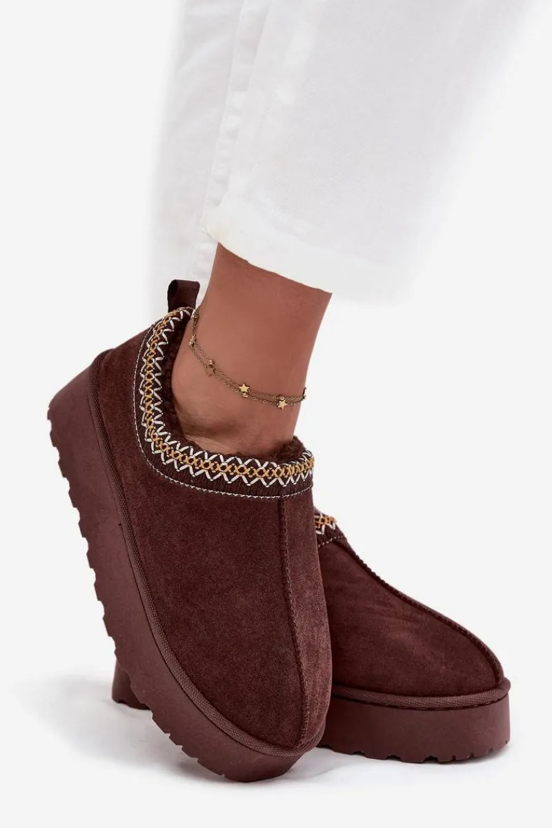 Śniegowce Damskie>Boto Śniegowce Niskie Damskie Z Haftem Na Platformie Czekoladowe Taliah Brązowy