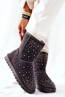 Clearance Śniegowce Ocieplane Z Dżetami Szare Mariella Damskie Śniegowce Damskie