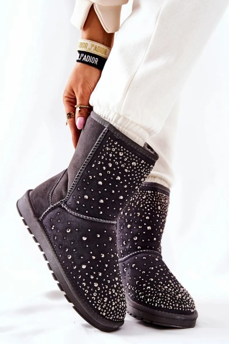 Clearance Śniegowce Ocieplane Z Dżetami Szare Mariella Damskie Śniegowce Damskie