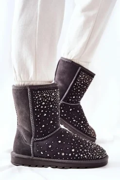 Clearance Śniegowce Ocieplane Z Dżetami Szare Mariella Damskie Śniegowce Damskie