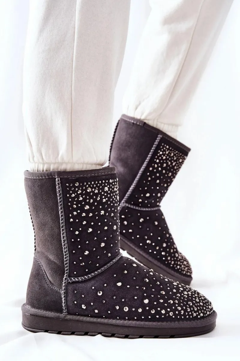 Clearance Śniegowce Ocieplane Z Dżetami Szare Mariella Damskie Śniegowce Damskie