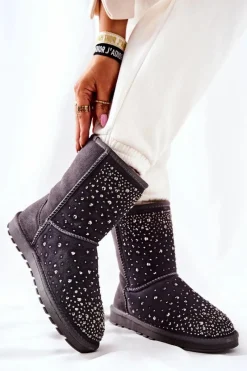 Clearance Śniegowce Ocieplane Z Dżetami Szare Mariella Damskie Śniegowce Damskie