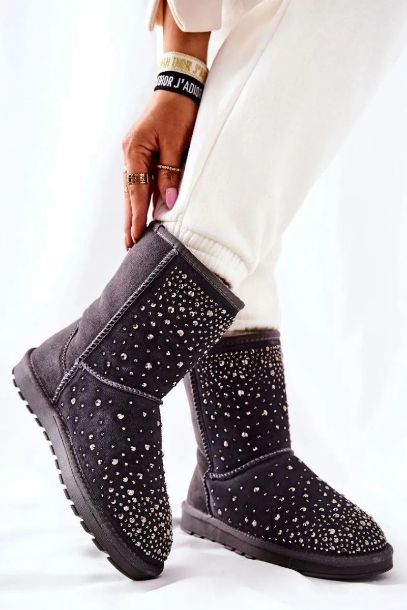 Clearance Śniegowce Ocieplane Z Dżetami Szare Mariella Damskie Śniegowce Damskie