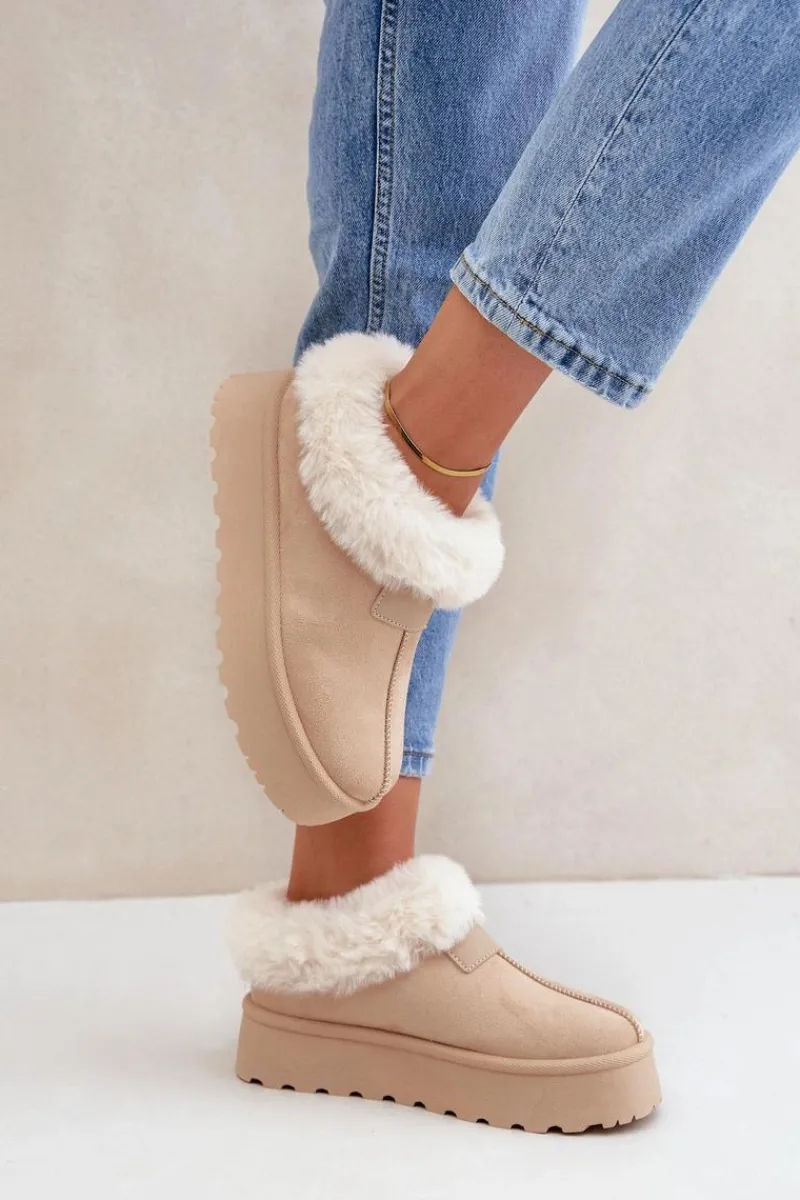 Śniegowce Damskie>Boto Śniegowce Z Niską Cholewką Z Futerkiem Na Platformie Eko Zamszowe Jasnobeżowe Neathoria